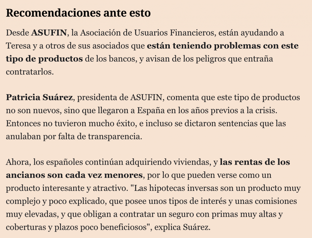 HIPOTECA INVERSA. EL ESPAÑOL. ASUFIN. PATRICIA SUÁREZ.. 11.08.2019.