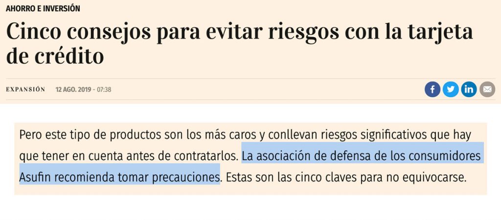 Cinco consejos para evitar riesgos con la tarjeta de crédito. ASUFIN en Expansión. 12.8.19