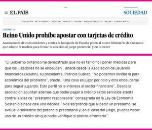 EL PAIS - Reino Unido prohíbe apostar con tarjetas de crédito - 16.01.20