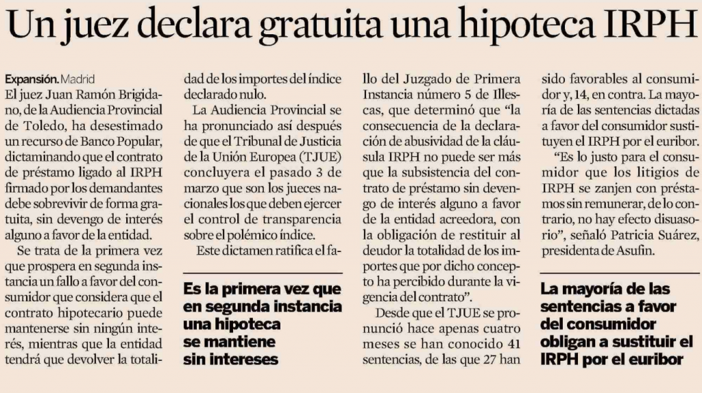 Expansión: Un juez declara gratuita una hipoteca IRPH