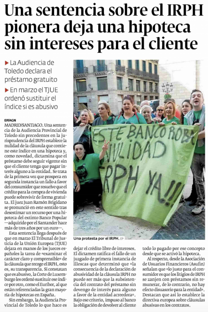 Diario de Pontevedra: Una sentencia sobre el IRPH pionera deja una hipoteca sin intereses para el cliente