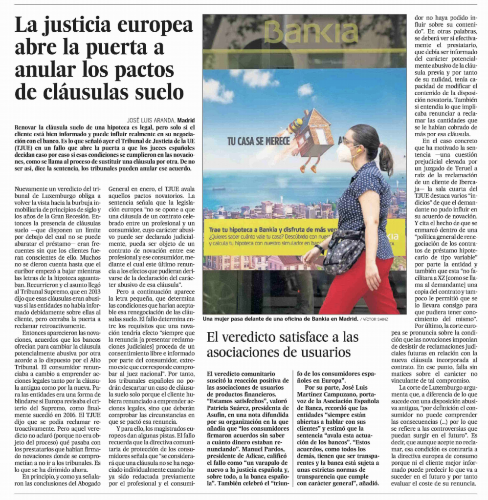 El País: La justicia europea abre la puerta a anular los pactos de cláusulas suelo