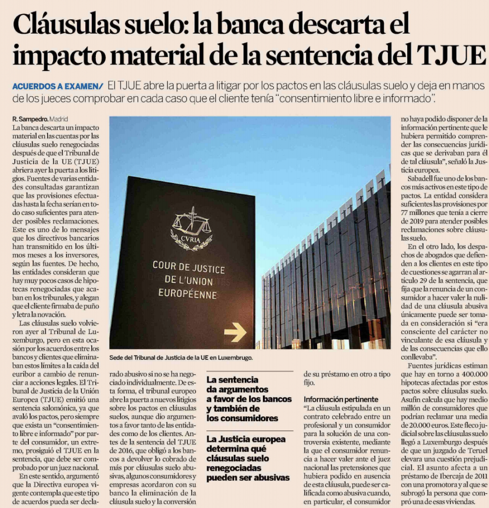 Expansión | Cláusulas suelo: la banca descarta el impacto material de la sentencia del TJUE