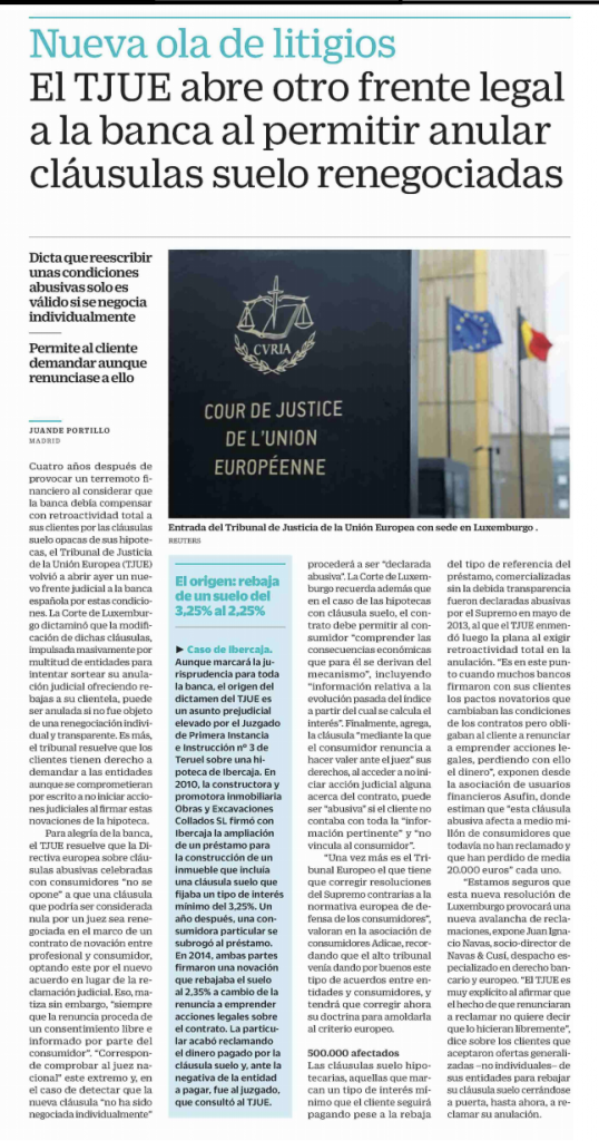 Cinco Días: El TJUE abre otro frente legal a la banca al permitir anular cláusulas suelo renegociadas