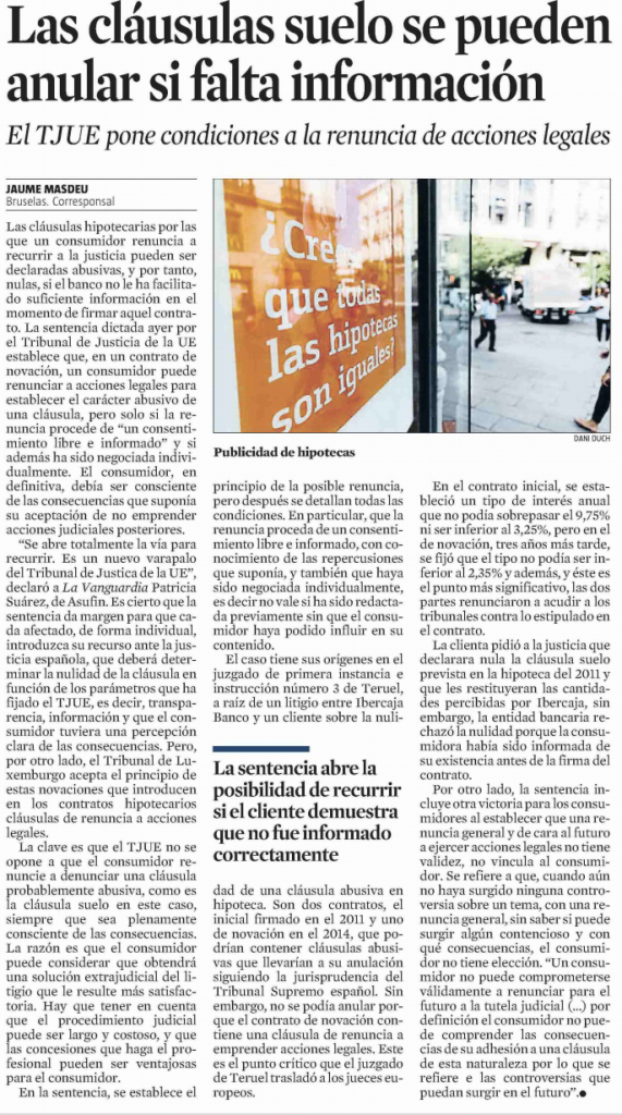 La Vanguardia: Las cláusulas suelo se pueden anular si falta información