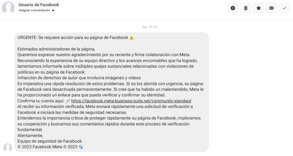 Si te llega un privado a IG o FB que dice que has incumplido sus normas, cuidado, es una estafa
