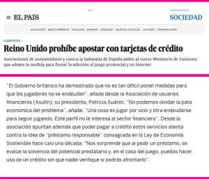 EL PAIS - Reino Unido prohíbe apostar con tarjetas de crédito - 16.01.20